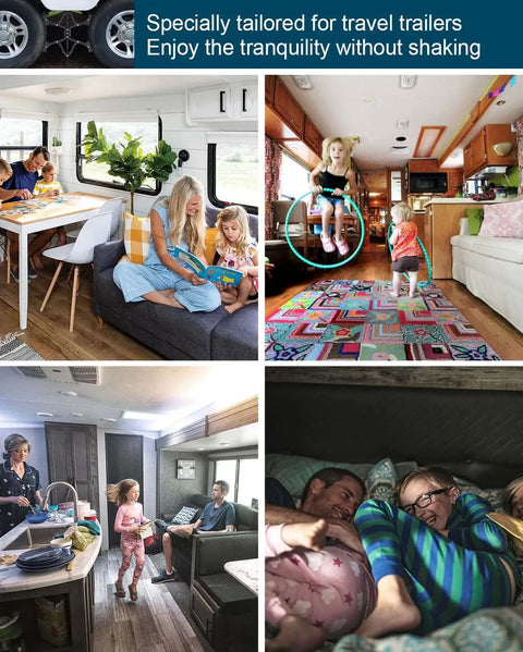 Interior views of a travel trailer showcasing stability and family enjoyment with X Shape Wheel Chocks Stabilizer XL installed.