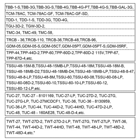 List of model numbers and codes for refrigerator parts compatibility.