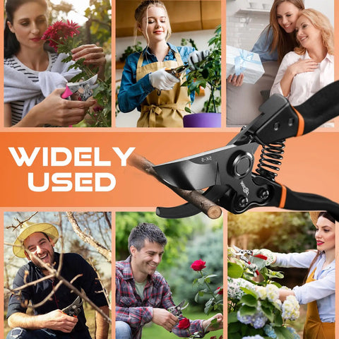 Collage showing varied uses of 8.5 Inch Pruning Shears For Easy Cuts With Ultra Sharp Japanese Steel Titanium Blade Arthritis Friendly Garden Clippers.