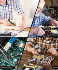 People using tools for home appliance repair, airplane model repair, circuit board soldering, and circuit repair in a workshop.
