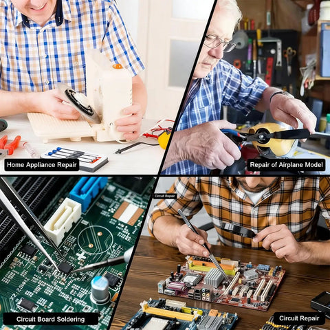 People using tools for home appliance repair, airplane model repair, circuit board soldering, and circuit repair in a workshop.