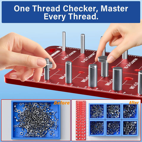 Wall Mounted Stainless Steel Thread Gauge Kit With Inch And Metric Sizes, 30 Nut And Bolt Thread Checker, 15 Standard And 15 Metric, Quick Read Bolt Size Finder For Home Workshop Great For Diyers on red gauge board with bolts and hands