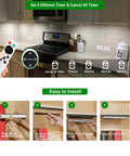 Installation steps for Under Cabinet Lighting Kit With 20 LED Stick On Lights Remote Control, showing kitchen use and timer options.