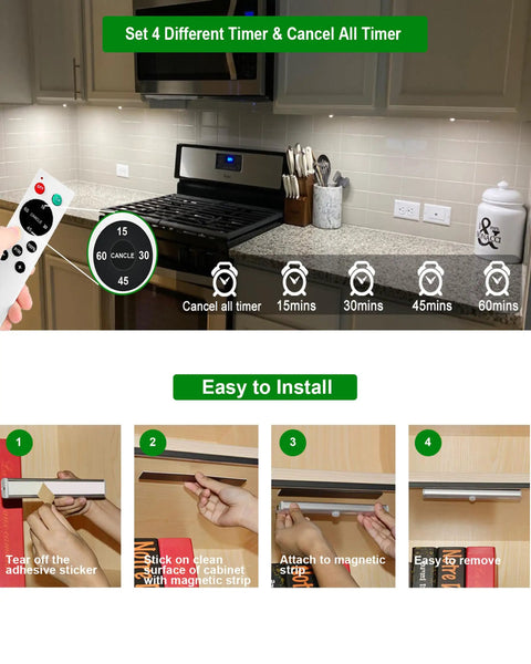 Installation steps for Under Cabinet Lighting Kit With 20 LED Stick On Lights Remote Control, showing kitchen use and timer options.