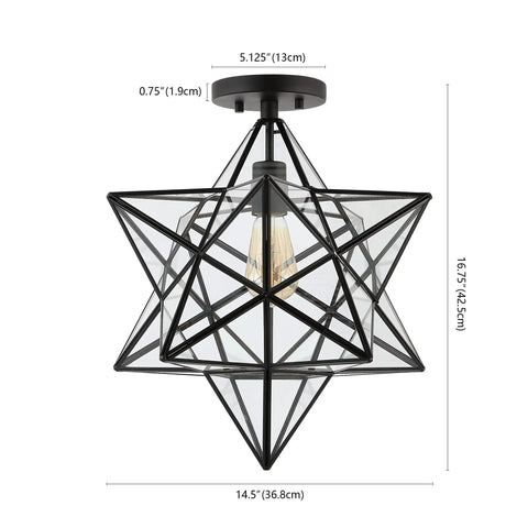 Black 14.5 Inch Moravian Star Ceiling Light 1 Light Semi Flush Mount Iron And Glass Farmhouse Boho Lantern For Hallway And Bedroom UL Listed LED Bulb Included