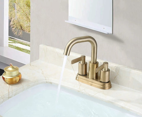Brushed Gold Two Handle 4 Inch Centerset Bathroom Faucet With Push Up Pop Up Drain No Fuss Easy DIY Install Solid Brass Waterway Lead Free
