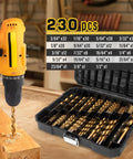 Heavy Duty Titanium Twist Drill Bit Set 230 Pcs For Metal And Wood With 135 Degree Tips High Speed Steel Bits displayed in case