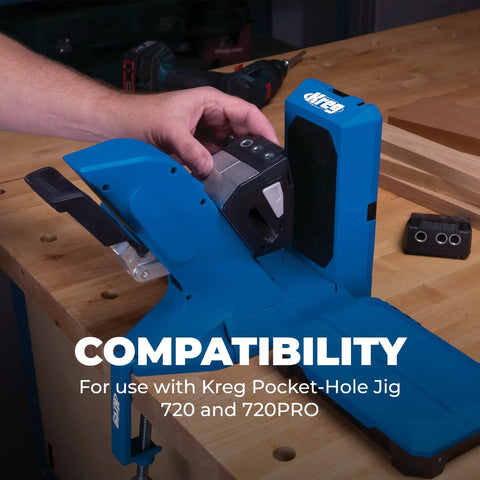 Slick Micro Pocket Hole Drill Guide Kit For Tight Projects And Half Inch Lumber Precision Mini Jig in use with Kreg 720.