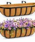 24 Inch Railing Planter With Adjustable Brackets Window Box With Coco Liner Hanging Flower Metal Planter For Indoor Outdoor Use On Balcony Deck Fence Porch Patio Black Set Of 2 Heavy Duty Rust Proof No Fuss
