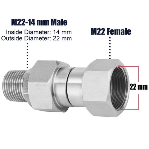 High Performance Pressure Washer Swivel Fitting With M22 14mm Threads 4500 PSI 360 Degree Rotation No Sweat Hose Twist Hot Water Compatible Up To 120 Celsius Eliminates Hose Twist And Kink Reduces Strain On Your Gun And Hose, M22-14 mm male to female