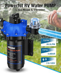 Powerful RV water pump with blue top and clear strainer, suitable for Workhorse Five Chamber Self Priming Diaphragm Water Pump 7 GPM 70 PSI 110V AC With Pressure Switch And Strainer Go To RVs And Home Water Systems For Irrigation And Industrial Use.