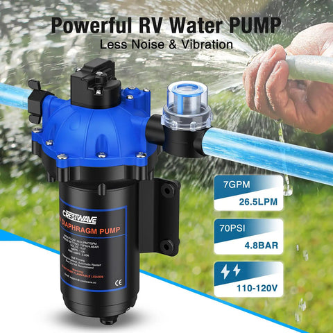 Powerful RV water pump with blue top and clear strainer, suitable for Workhorse Five Chamber Self Priming Diaphragm Water Pump 7 GPM 70 PSI 110V AC With Pressure Switch And Strainer Go To RVs And Home Water Systems For Irrigation And Industrial Use.