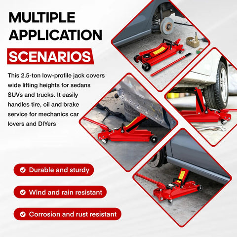 Beefed Up 2.5 Ton Floor Jack With Low Profile Design, 5500 Lbs Capacity, Single Piston Pump, Heavy Duty Steel Hydraulic Jack For Cars Sedans Pickups MPVs, Lifting Range 3.4 To 15.2 Inches, Durable Powder Coated Steel. red low-profile floor jack lifting a car during tire service