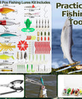 85 Piece Fishing Backpack Gear Kit With Tackle Boxes featuring lures and practical fishing tools. Includes pliers set and rod holder.