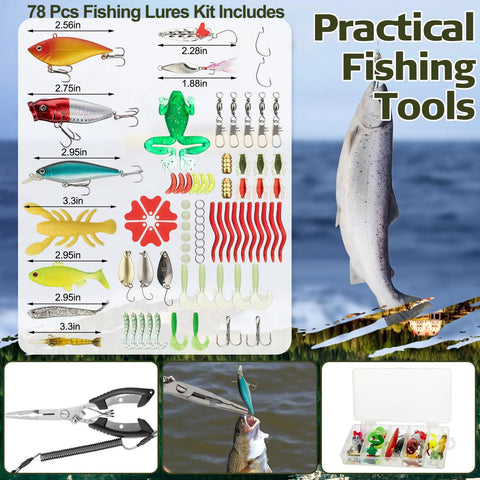 85 Piece Fishing Backpack Gear Kit With Tackle Boxes featuring lures and practical fishing tools. Includes pliers set and rod holder.