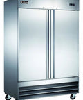 Rock Solid All Stainless Steel Two Door Reach In Commercial Freezer, 49 Cu Ft Capacity with easy rolling casters for restaurant kitchens.