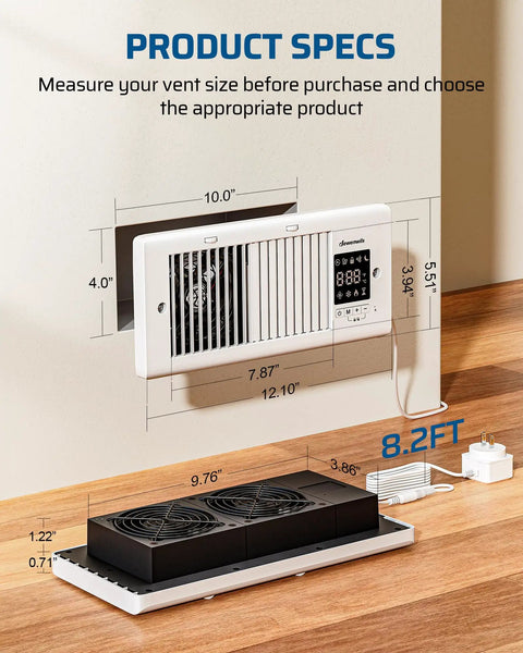 Dual Fan Register Booster For Hard To Reach Spaces, 4 Inch By 10 Inch Vent With 180 Degree Adjustable Grille, White Finish