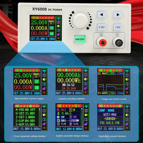XY6008 CNC DC Regulated Power Supply showing interface screens and controls for precision testing and prototyping
