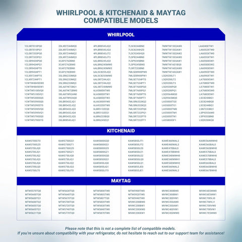 Washer agitator repair kit compatibility chart showing Whirlpool, KitchenAid and Maytag models.