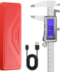 Rechargeable Digital Caliper Six Inch With Backlit LCD Screen And Auto Off All Metal Zinc Alloy Frame For Serious DIY Use High Precision Vernier Caliper Zero To Six Inch Range 0.001 Inch Accuracy Type C Charging Three To Four Month Battery Life shown with red case and charging cable.