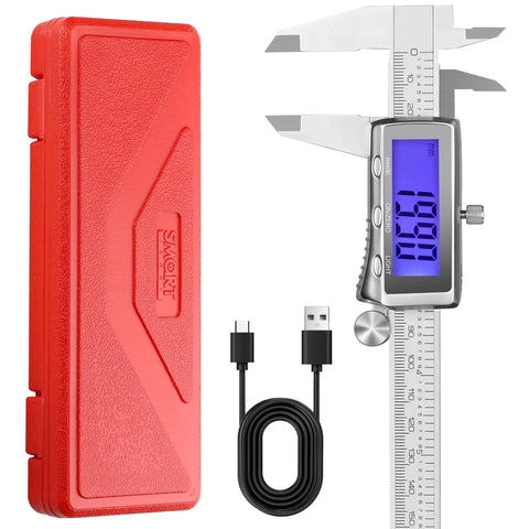 Rechargeable Digital Caliper Six Inch With Backlit LCD Screen And Auto Off All Metal Zinc Alloy Frame For Serious DIY Use High Precision Vernier Caliper Zero To Six Inch Range 0.001 Inch Accuracy Type C Charging Three To Four Month Battery Life shown with red case and charging cable.
