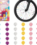 Colorful Spoke Beads For Kids Bikes 30 Pcs Spokies Snap On Beads in package and on black bike wheel.
