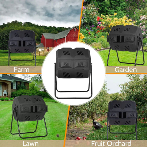 43 Gallon Dual Chamber Outdoor Compost Bin With Sliding Doors, Tumbling Rotating Composter shown in various outdoor settings