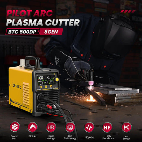 Pilot Arc Plasma Cutter 50A Dual Voltage 110 To 220V With LED Display and Air Sensor being used in a garage workshop