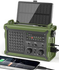 Emergency Solar Radio With Hand Crank And 12000mAh Battery Pack showing solar panel, dual USB outputs charging phone