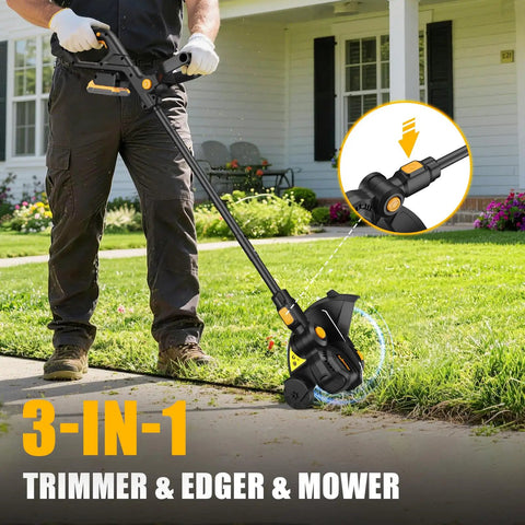 Person using 3-in-1 cordless trimmer, edger, and mower on a lawn outside a house
