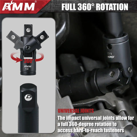 Beefed Up 18 Piece Impact Socket Adapter Set with Universal Joints showcasing full 360-degree rotation for automotive use.