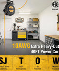 Heavy Duty 40 Foot 10 Gauge Retractable Extension Cord Reel 20A 125V SJTOW Power Cord ETL Listed With NEMA 5 15R And 5 20R Receptacles Built Tough For Generators Welders Saws Vacuums Heaters And Heavy Tools in garage