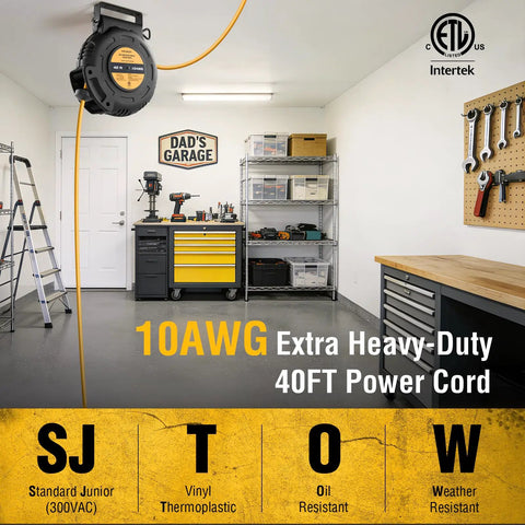 Heavy Duty 40 Foot 10 Gauge Retractable Extension Cord Reel 20A 125V SJTOW Power Cord ETL Listed With NEMA 5 15R And 5 20R Receptacles Built Tough For Generators Welders Saws Vacuums Heaters And Heavy Tools in garage