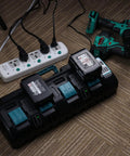 Beast 4 Port Fast Charger for 14.4V and 18V LXT Li-Ion Batteries with Dual USB Ports, charging batteries with tools nearby