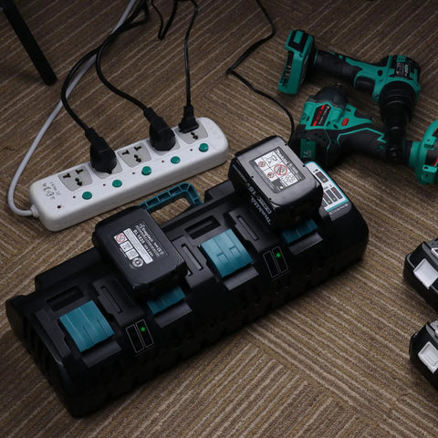 Beast 4 Port Fast Charger for 14.4V and 18V LXT Li-Ion Batteries with Dual USB Ports, charging batteries with tools nearby