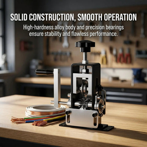 DualDrive Wire Stripping Machine For Copper Wire 0.06 To 1 Inch Gauge Drill Powered And Hand Crank Tungsten Blade on table