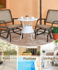 Cozy Brown Swing Glider Chair With Sturdy Metal Frame for Patio next to a small white table, ideal for garden relaxation.