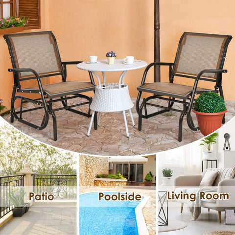 Cozy Brown Swing Glider Chair With Sturdy Metal Frame for Patio next to a small white table, ideal for garden relaxation.