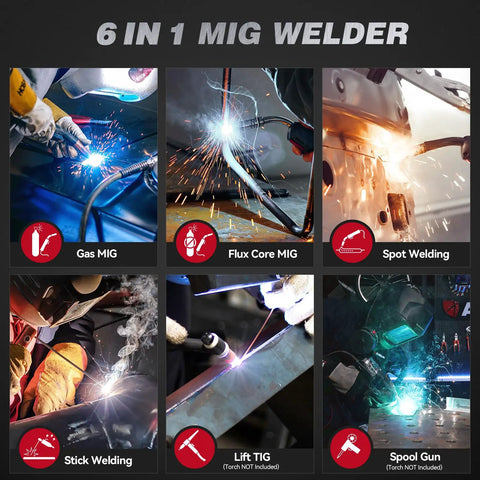 Six In One MIG Welder 205A 120V 240V with APP Control showing Gas MIG, Flux Core MIG, Spot Welding, Stick, Lift TIG, Spool Gun modes