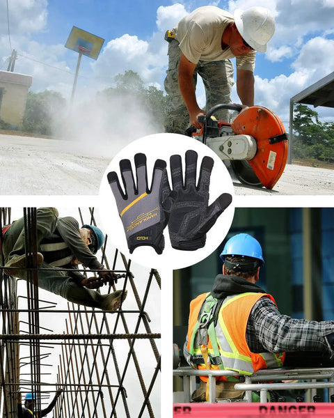 Mens Work Gloves Touch Screen Utility Mechanic Gloves With Padded Knuckles shown in construction settings with workers.