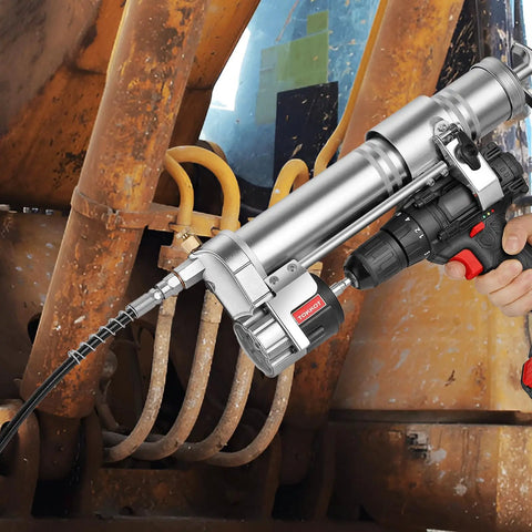 Electric Grease Gun Drill Adapter For DeWalt Cordless Drill Driver 14 Oz Capacity 12 Inch Flexible Hose shown in use