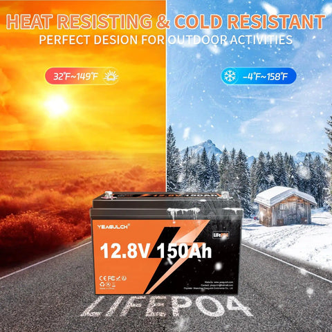 12V 150Ah LiFePO4 Battery With Built In 100A BMS 1920Wh Deep Cycle Power for Camping Solar RV Marine Off Grid Use in temperature extremes