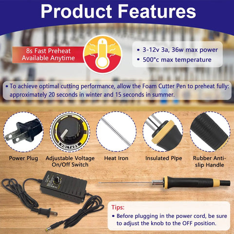 Hot Wire Foam Cutter Kit With 3-1 Electric Styrofoam Cutter Featuring Set Of 3 Cutting Pens and adjustable voltage controller features.
