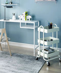 Three Tier Metal Rolling Cart With Wheels, Utility Cart On Casters For Office, Home, Kitchen Or Garden, White Finish