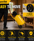 Man moving 15 Gallon Air Compressor With 2 HP Twin Cylinder Vertical Tank 4.5 CFM At 90 PSI Quiet 66 dB Oil Free 125 PSI Max on 7-inch wheels in workshop