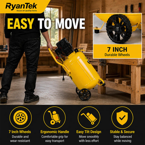 Man moving 15 Gallon Air Compressor With 2 HP Twin Cylinder Vertical Tank 4.5 CFM At 90 PSI Quiet 66 dB Oil Free 125 PSI Max on 7-inch wheels in workshop