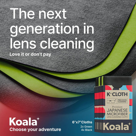 Koala Japanese microfiber lens cleaning cloths, pack of 6 in green and black for glasses, cameras, and screens.