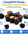 Six Pack Black Classroom Caddies With Handles For Desk Organization, showing 6 compartments filled with stationery items like pencils and scissors.