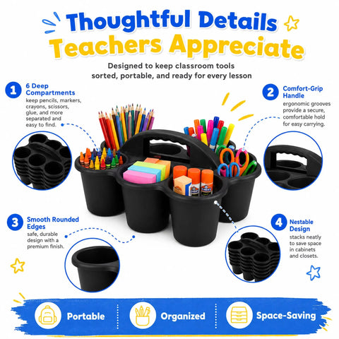 Six Pack Black Classroom Caddies With Handles For Desk Organization, showing 6 compartments filled with stationery items like pencils and scissors.