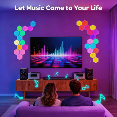 8 Pack Hexagon LED Wall Panels RGB Color Lights With App Control Music Sync And Remote For DIY Modular Honeycomb Bedroom Decor